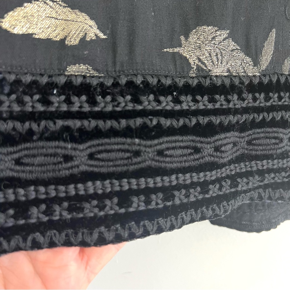 JOHNNY WAS Workshop Black Metallic Gold Feathers Embroidered Hem Mini Dress Sz L - Picture 6 of 16